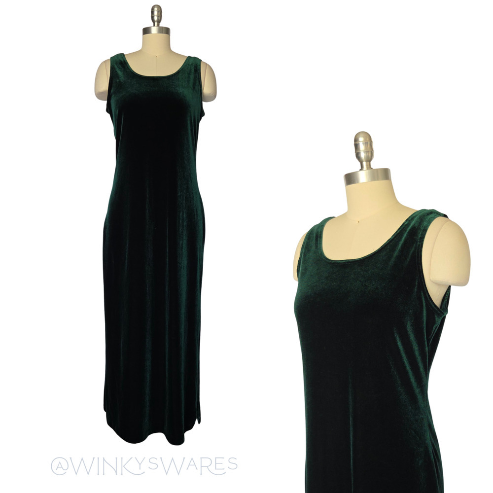Vintage 90s Green Velvet Maxi Dress Size S M Nina Piccalino Sleeveless Goth